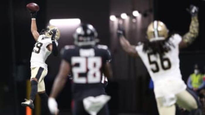New Orleans Saints CB Paulson Adebo (29) intercepts a pass against the Atlanta Falcons. Credit: neworleanssaints.com